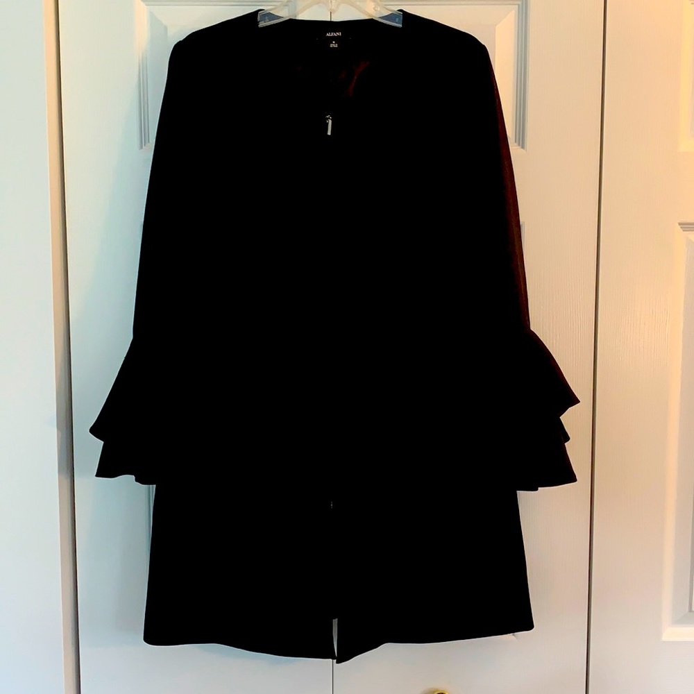 Alfani black flutter sleeve jacket with zip closure and side pockets.